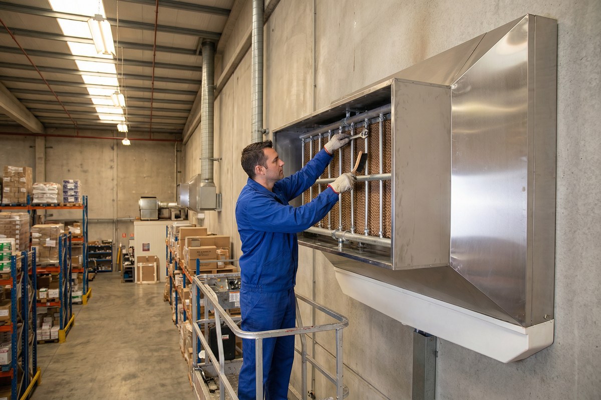 Técnico realizando manutenção em climatizador evaporativo